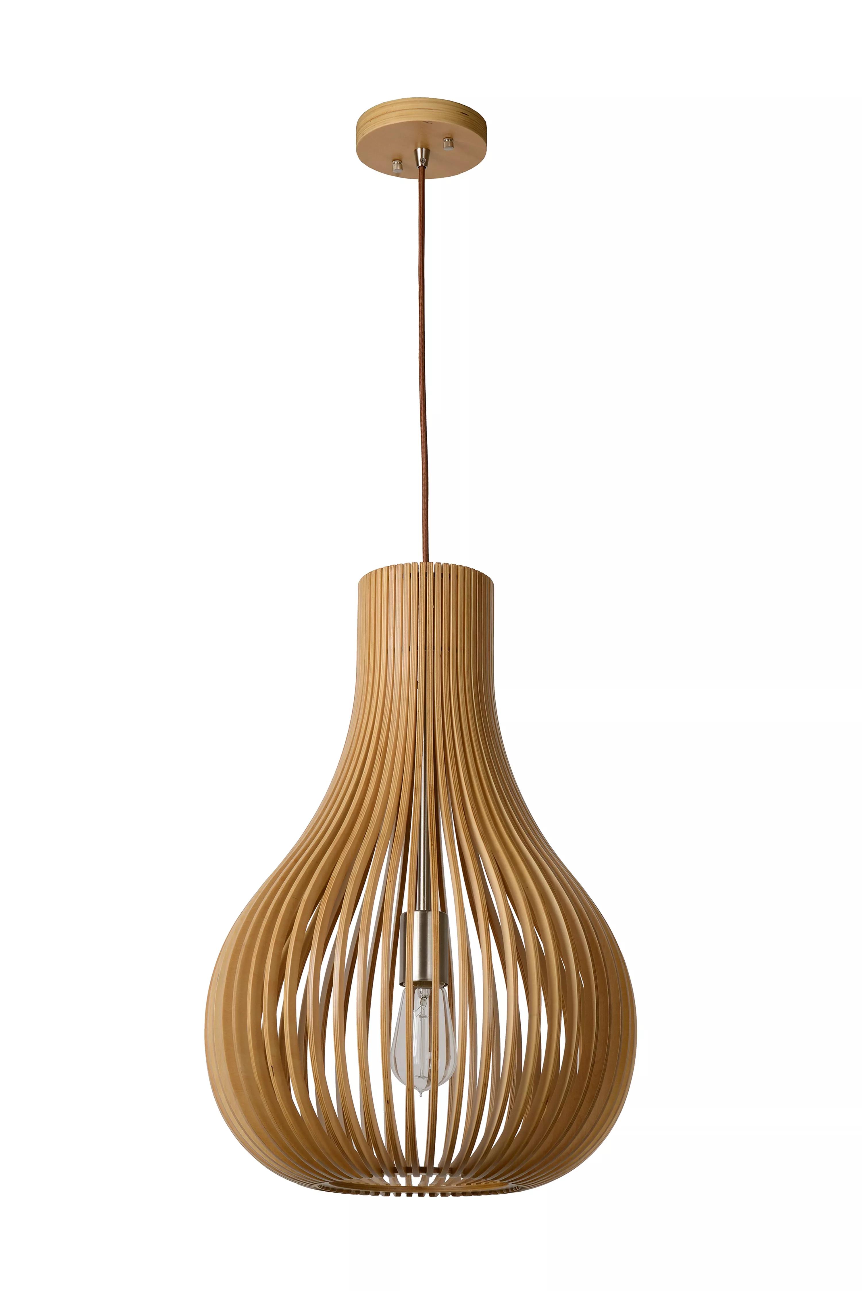 Wooden pendant light photographed on a clean white studio background.