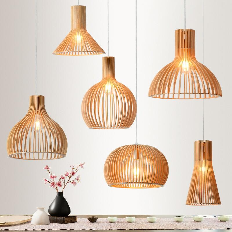 Wooden pendant lighting family featuring multiple sizes and design variations.
