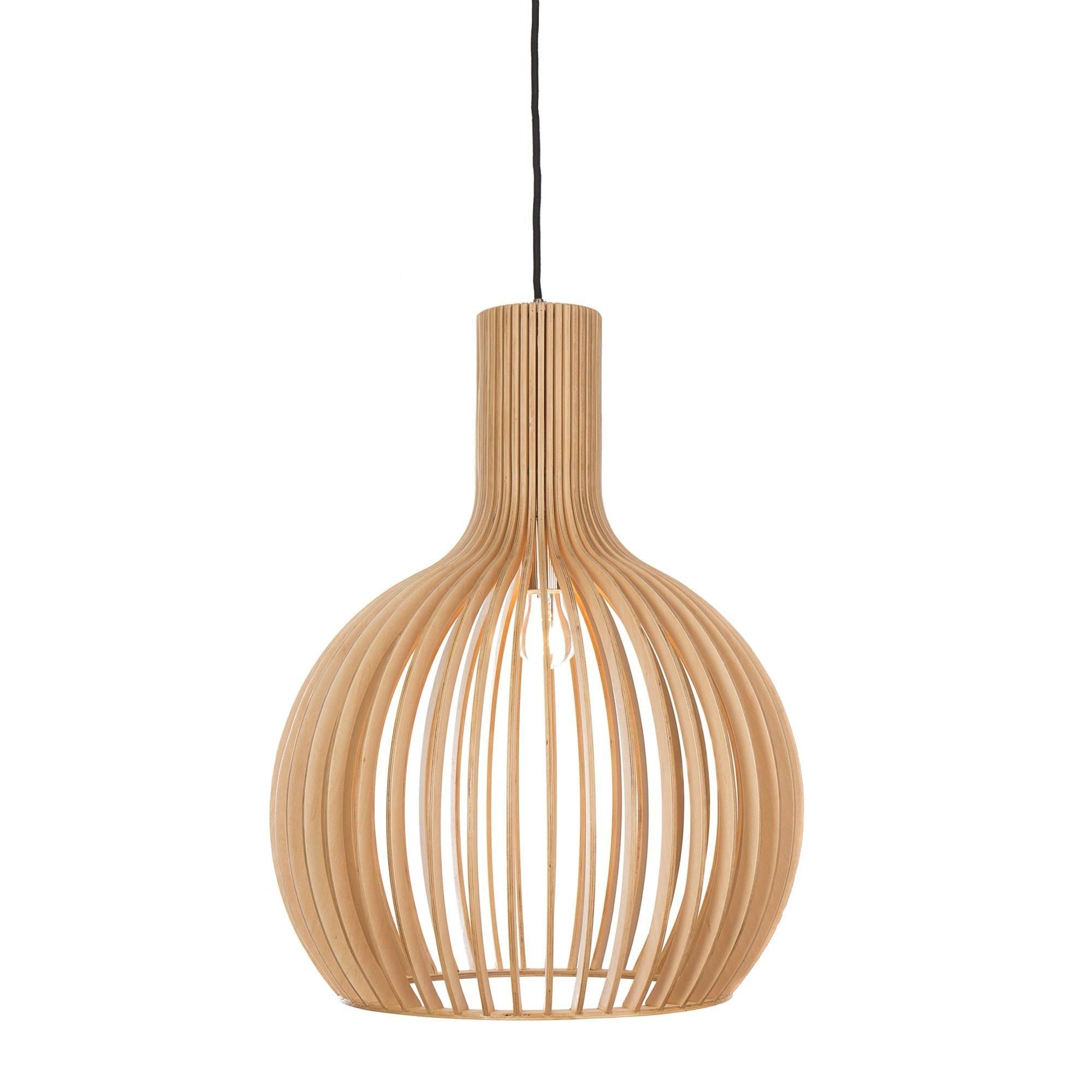 Wooden pendant light photographed on a clean white studio background.