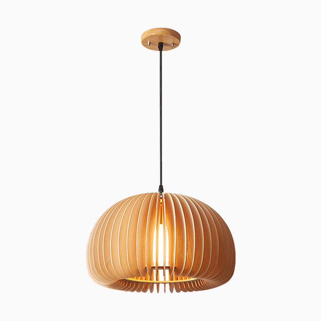 Front view of a decorative wooden pendant light for architectural interiors.