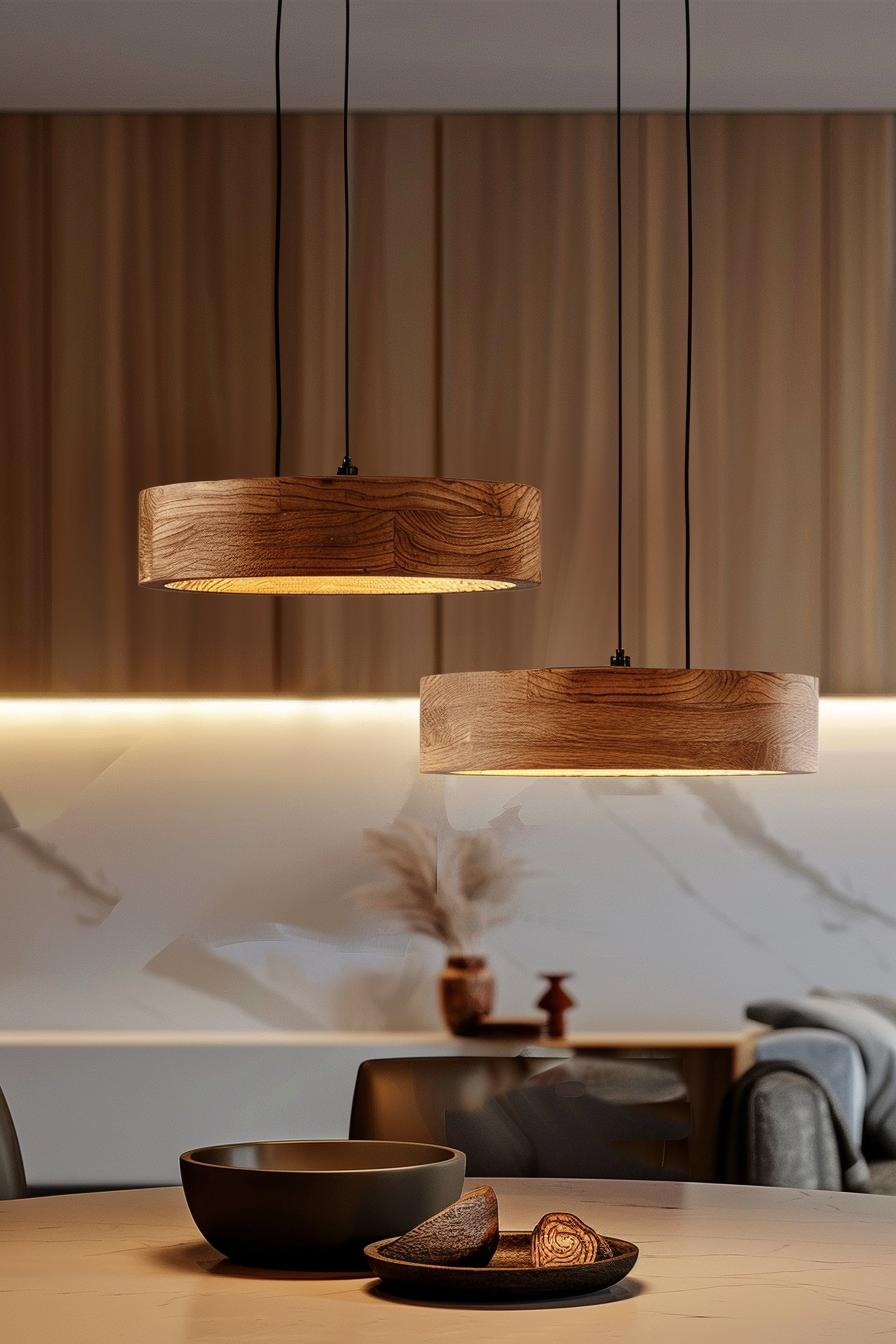 Wooden pendant lighting installed in a contemporary hospitality interior.