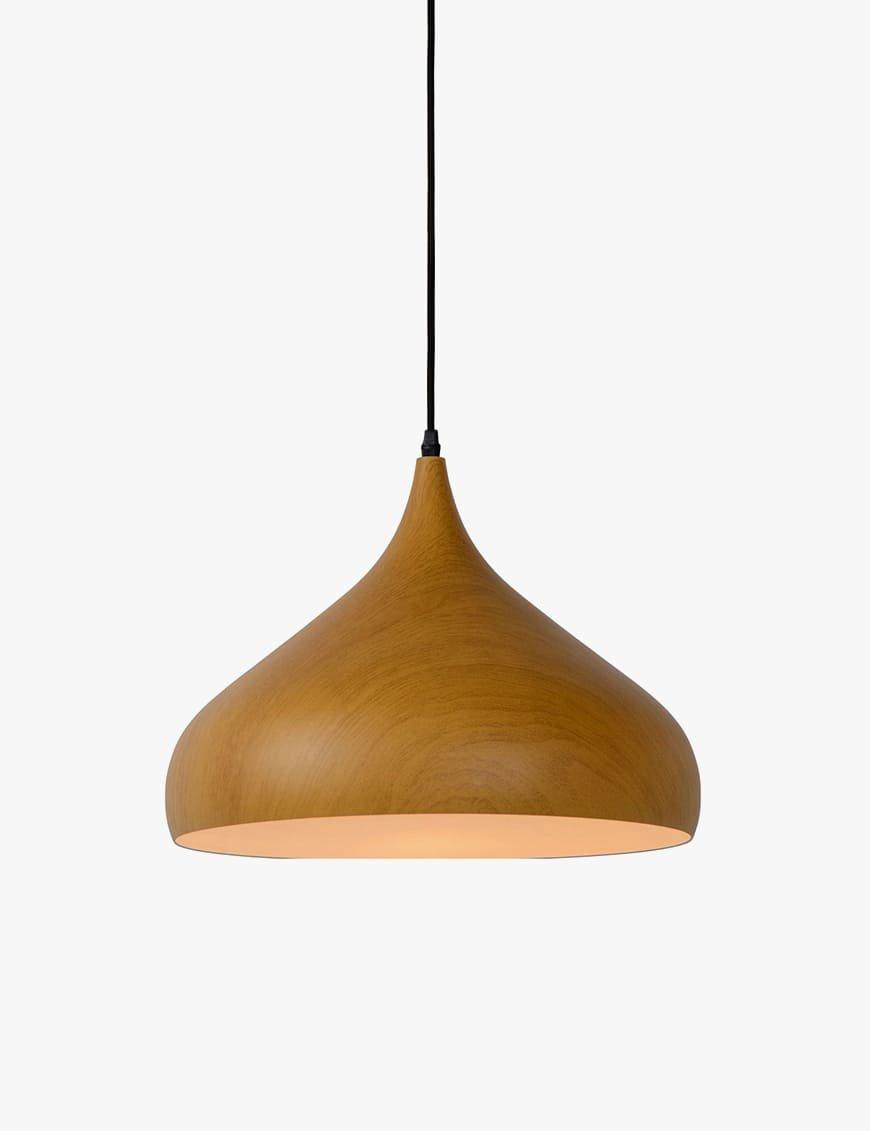 Front view of a decorative wooden pendant light for architectural interiors.
