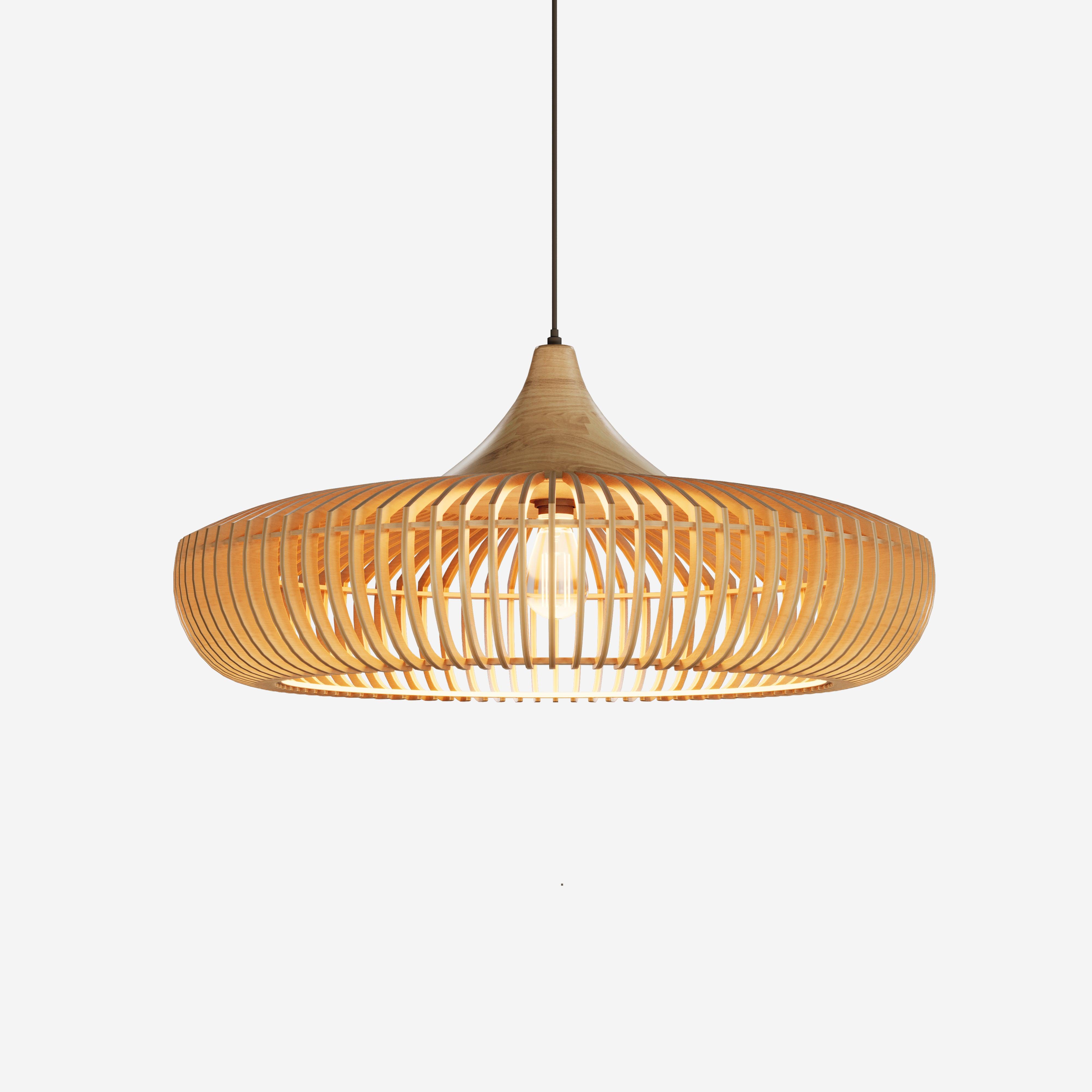 Front view of a decorative wooden pendant light for architectural interiors.