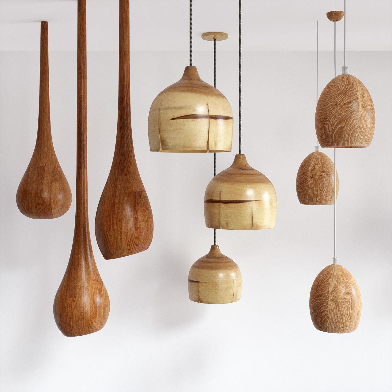 Wooden pendant lighting family featuring multiple sizes and design variations.