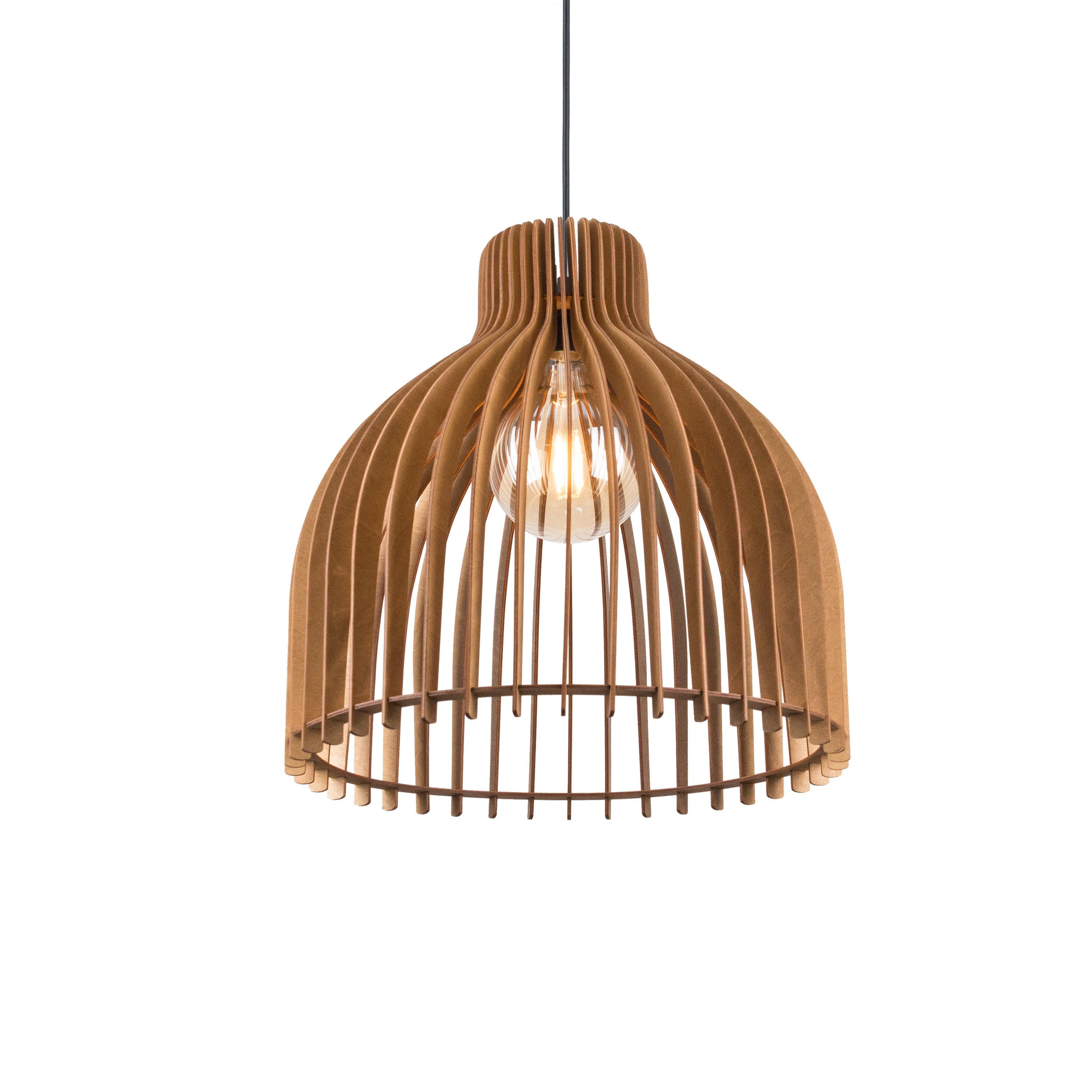 Wooden pendant light photographed on a clean white studio background.