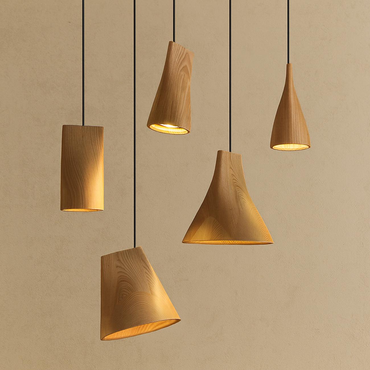 Wooden pendant lighting family featuring multiple sizes and design variations.