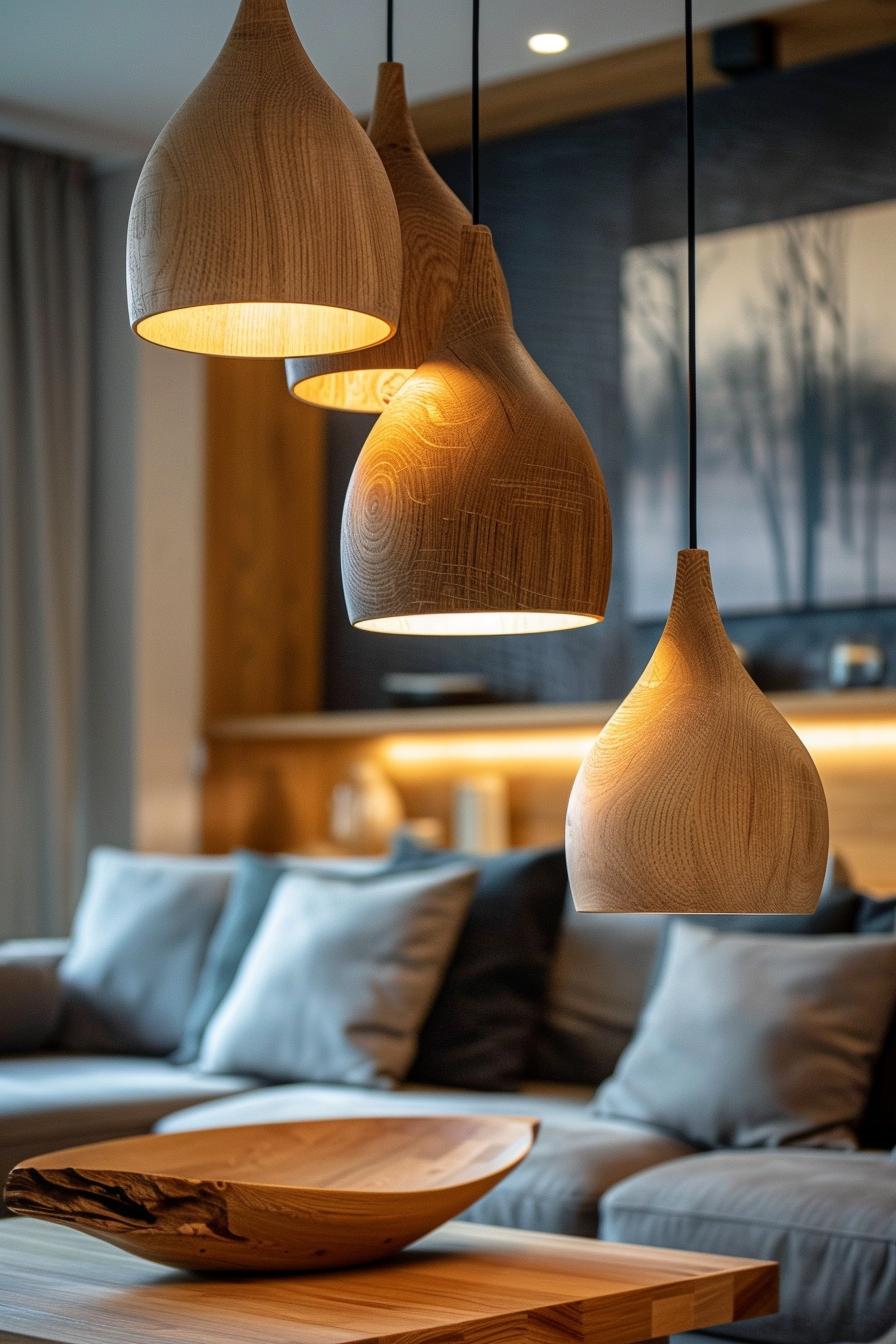 Wooden pendant lighting installed in a contemporary hospitality interior.