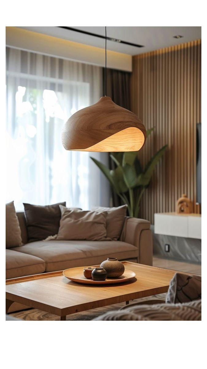 Wooden pendant lighting installed in a contemporary hospitality interior.