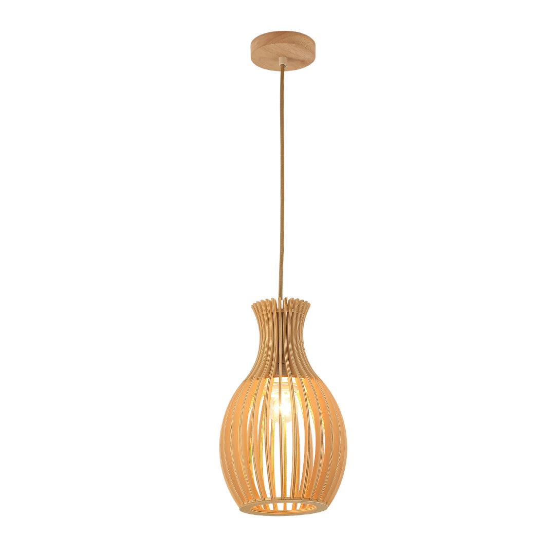 Wooden pendant light photographed on a clean white studio background.