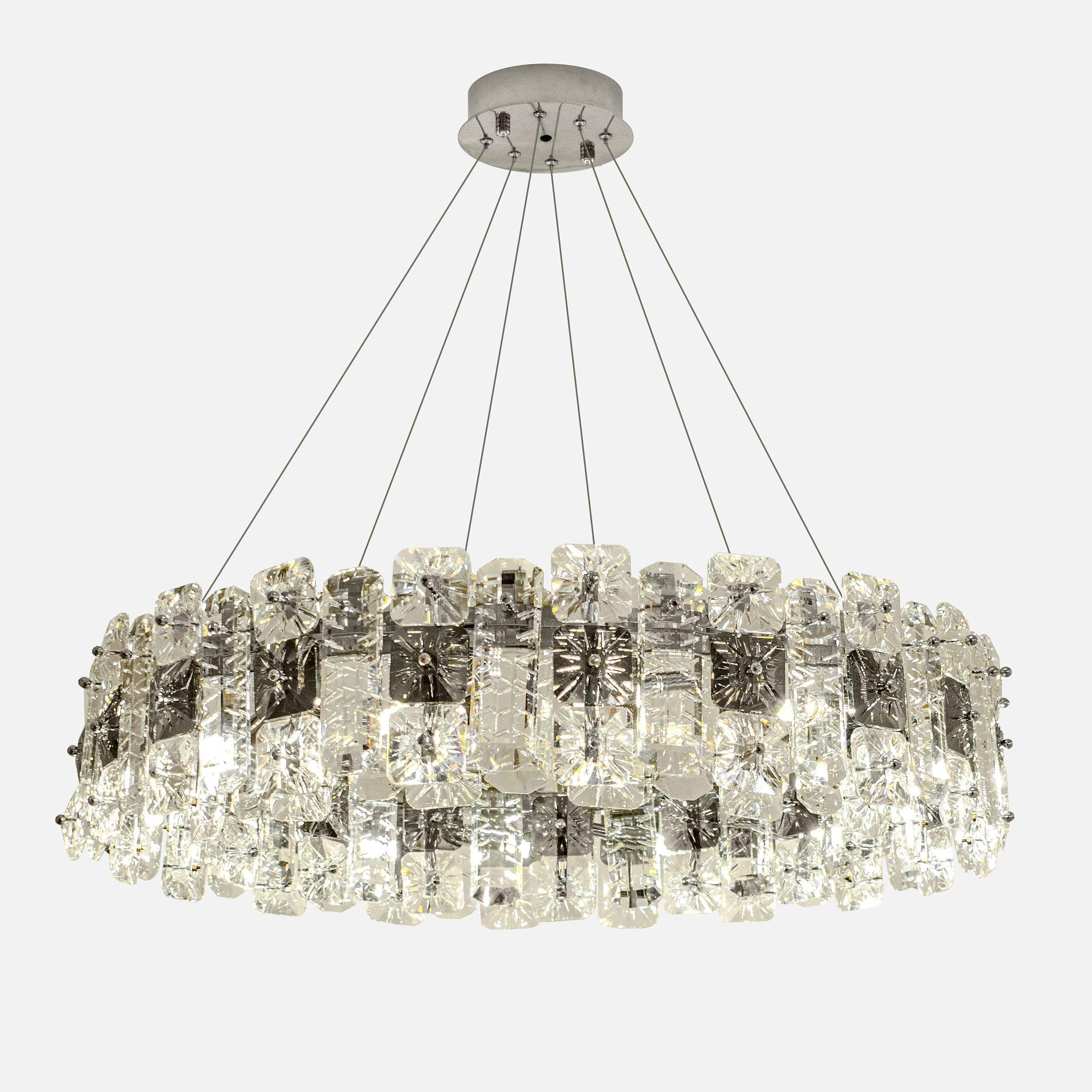 Front view of an elegant crystal chandelier for architectural interiors.