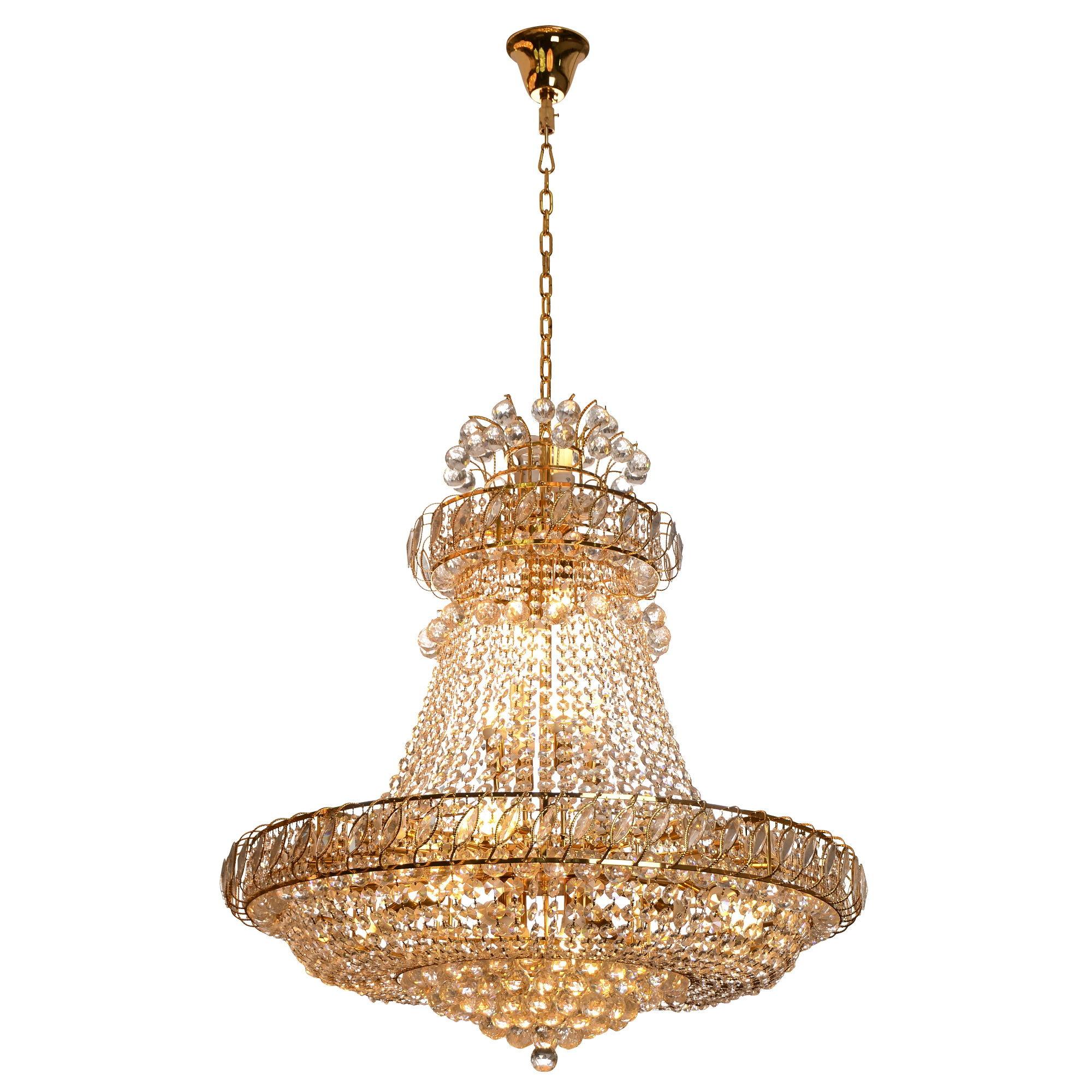 Contemporary crystal chandelier photographed on a clean white studio background.