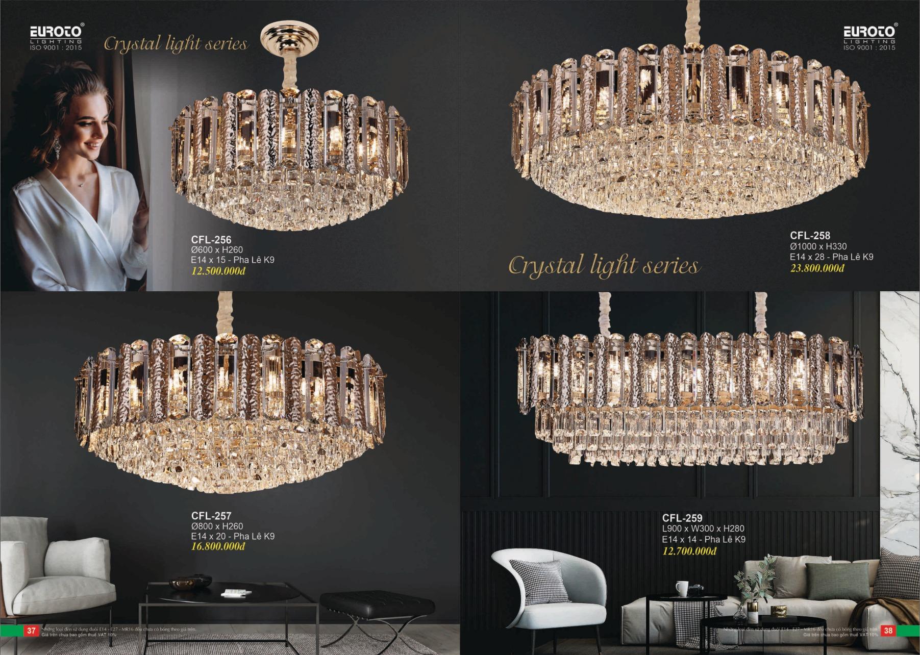 Crystal chandelier family featuring multiple sizes and sculptural configurations.