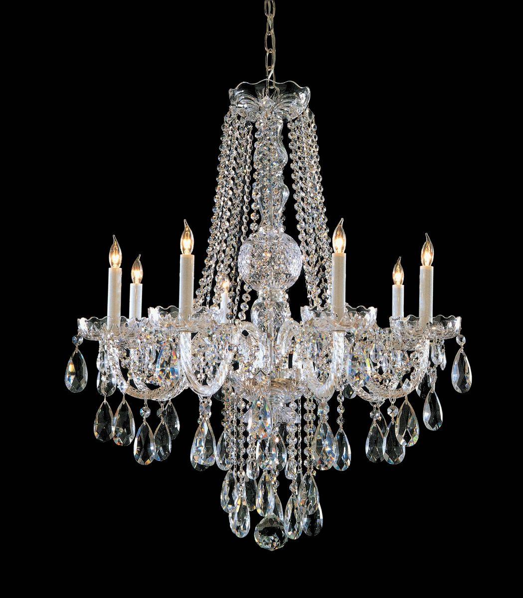 Front view of an elegant crystal chandelier for architectural interiors.