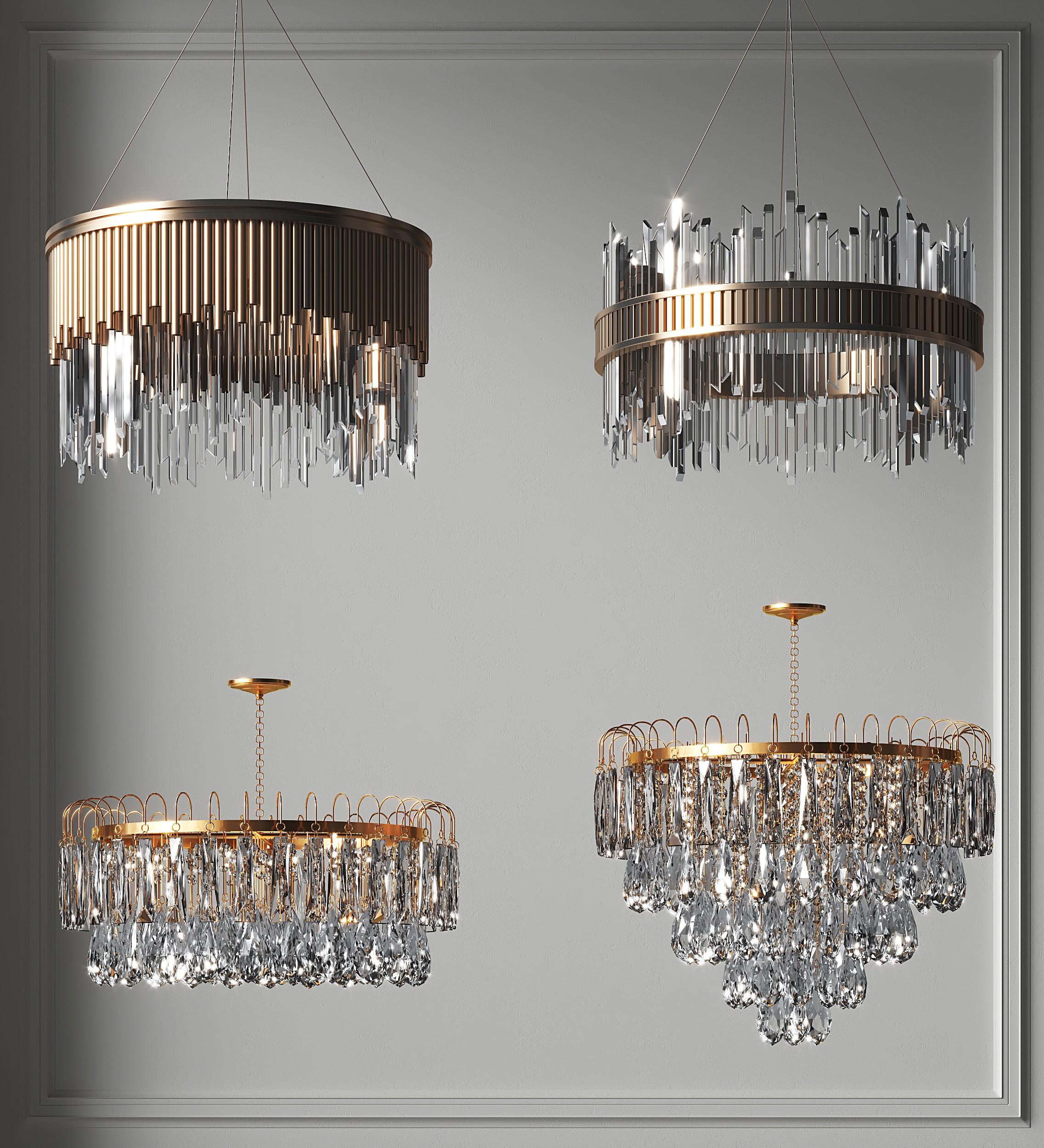 Crystal chandelier family featuring multiple sizes and sculptural configurations.