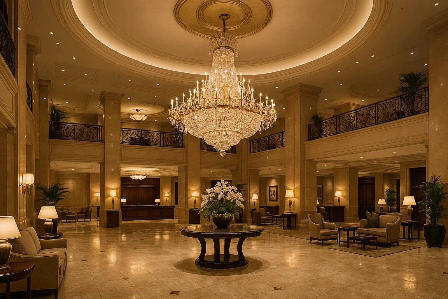 Crystal chandelier installed in a luxury hotel lobby with premium architectural design.