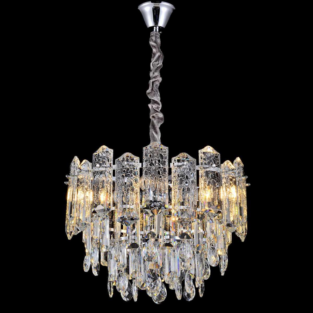 Front view of an elegant crystal chandelier for architectural interiors.