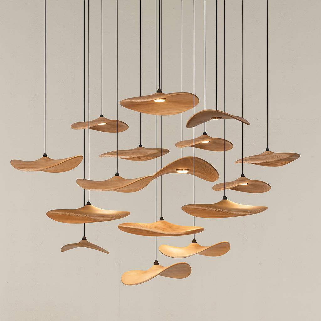 Front view of a sculptural organic chandelier with flowing contemporary forms.