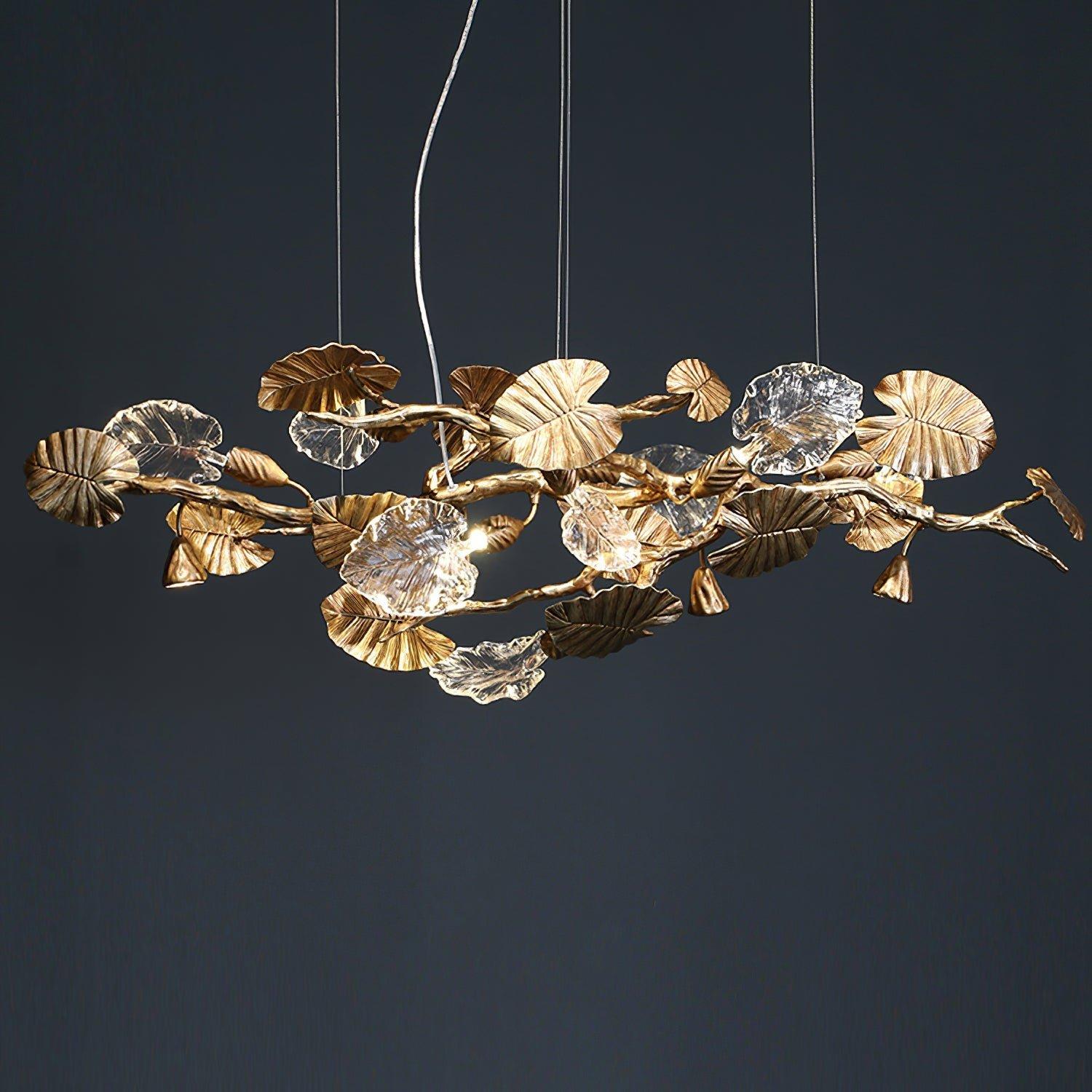 Front view of a sculptural organic chandelier with flowing contemporary forms.