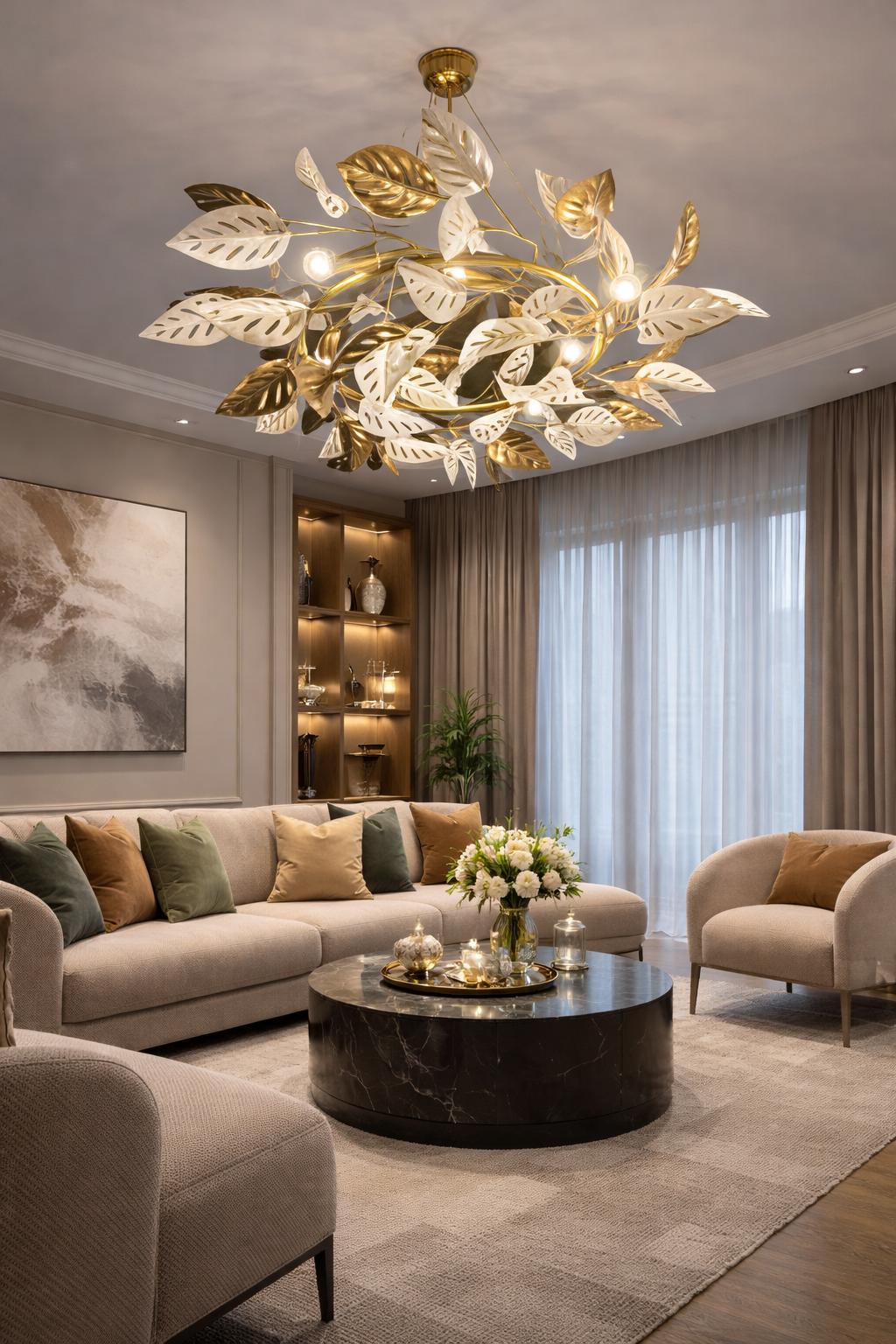 Organic chandelier installed in a premium contemporary residential interior.