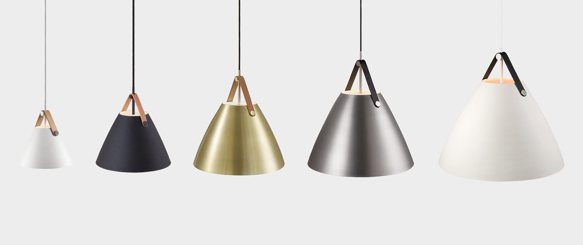 Scandinavian pendant light collection with different sizes, finishes and suspension options.